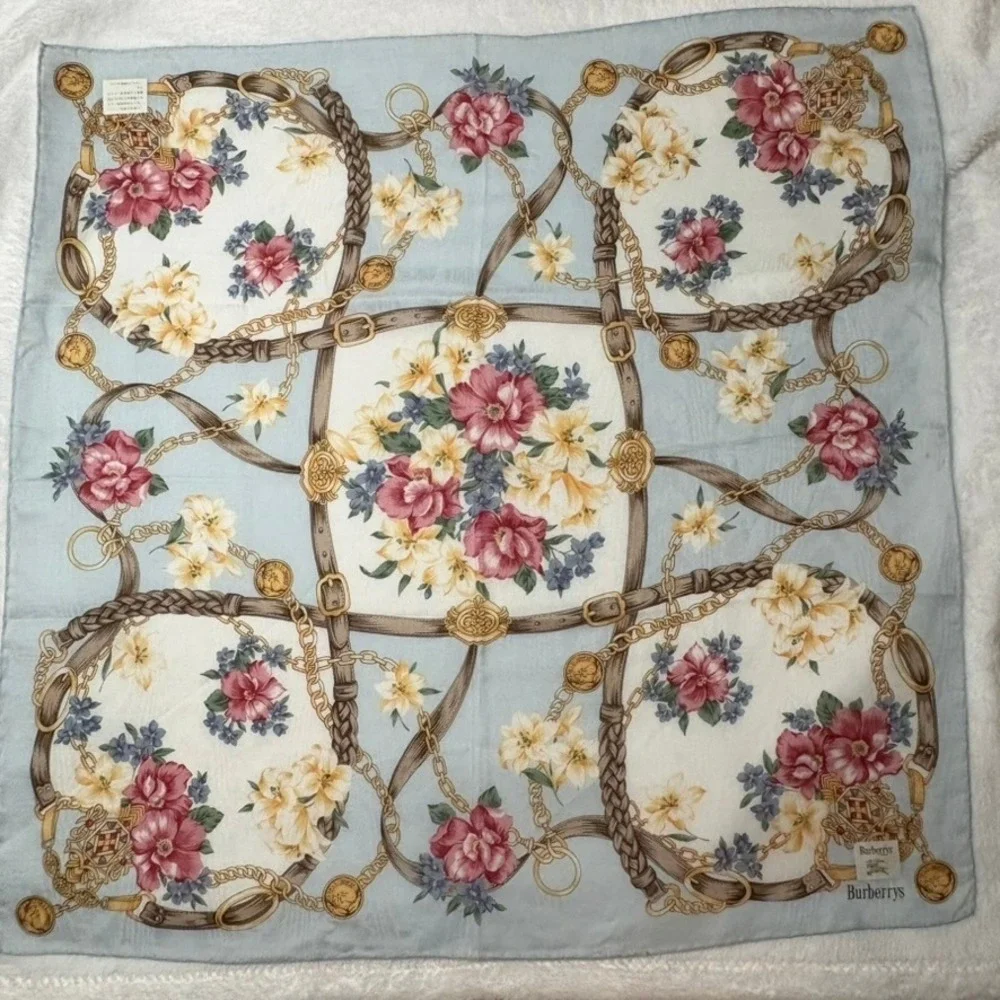 Vtg BURBERRYS Scarf Handkerchief Floral Bridle Chain Cotton Blue 21